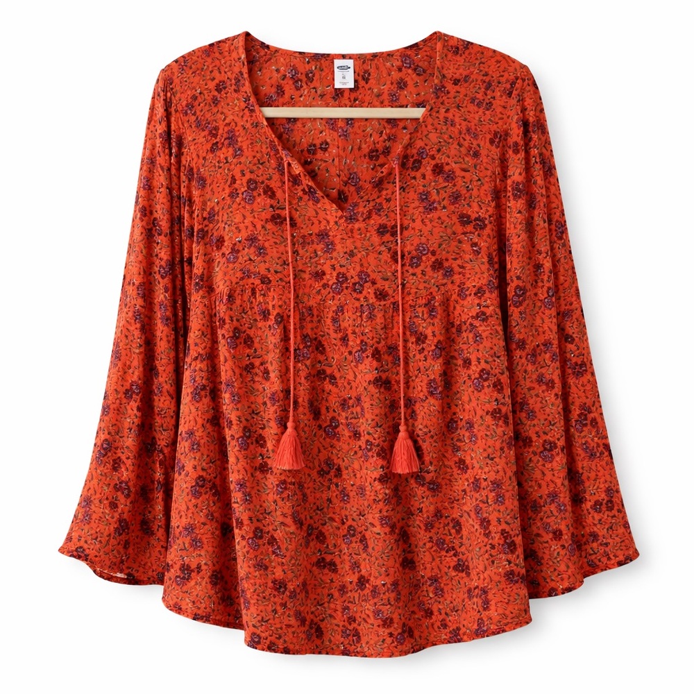 Old Navy Floral Tassel Tie Tunic Top Orange XL